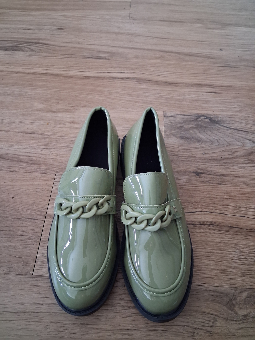 Olive Patent Chain-Detail Women’s Loafers